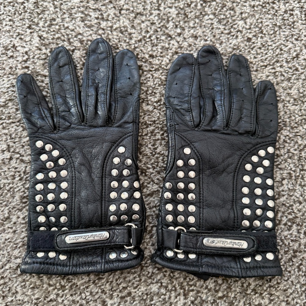 VTG Harley Davidson Motorcycles Women's Leather Gloves M Studded Black Biker